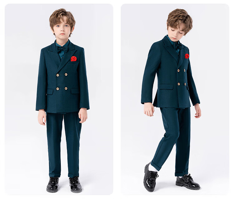 LUOBOBEIBEI Boys' Suit Set Children's Formal Wedding Flower Boy Blazer New Year Performance Outfit Dark Green Five-Piece Set Size 160 3