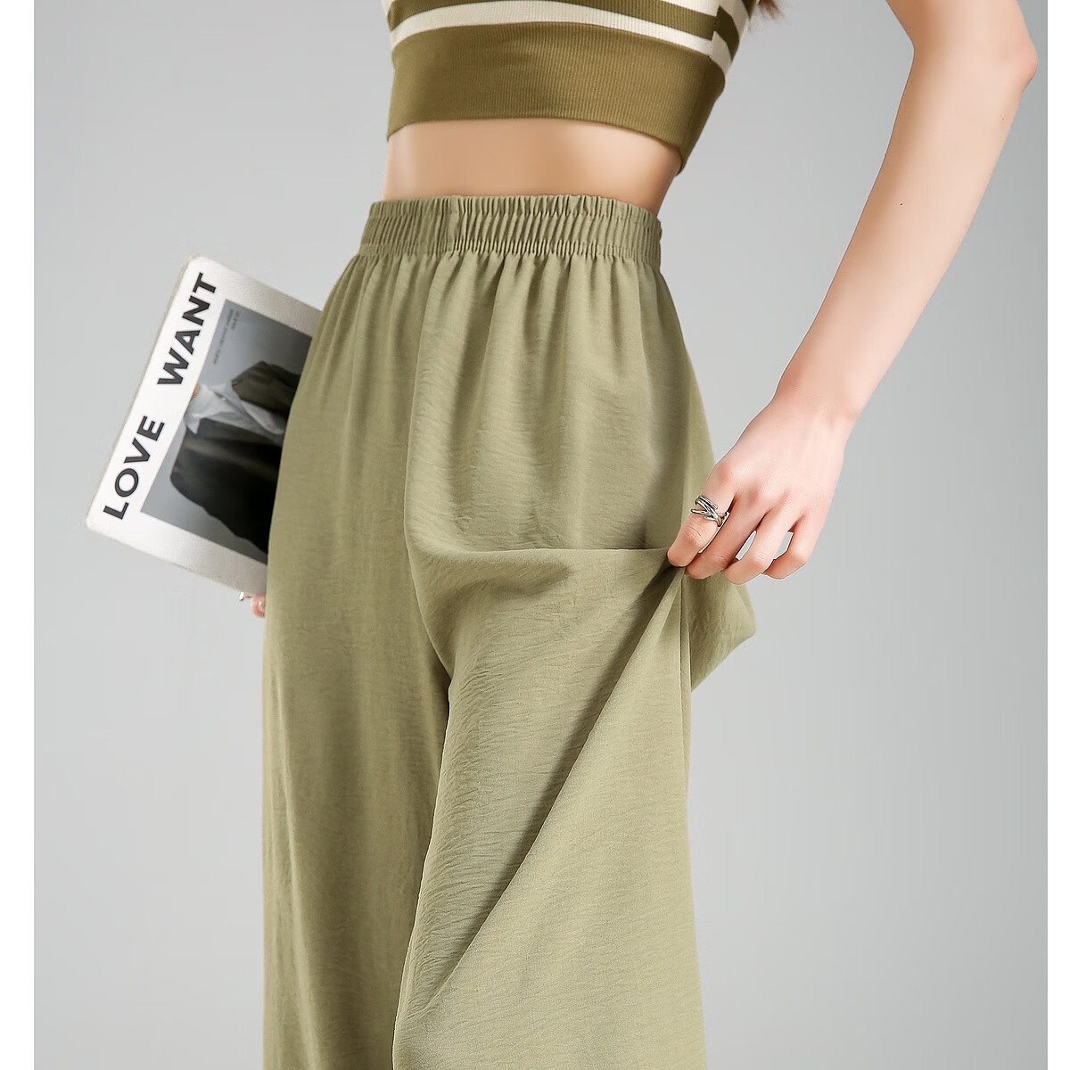 Dme [Dopamine Slim Pants] Summer Commute Elastic Waist Slimming Comfortable Draping Wide-Leg Casual Pants