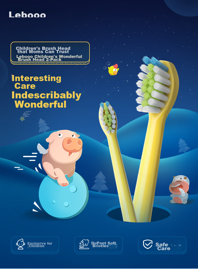 Lebooo Children's Cute Electric Toothbrush Heads, 2-Pack [Compatible with YOYO Electric Toothbrush] 2