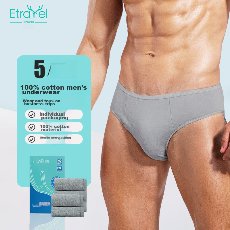 Etravel Disposable Men's Underwear, 5-Pack Pure Cotton Travel-Friendly No-Wash Daily Disposable Briefs, Gray Triangle, 3XL