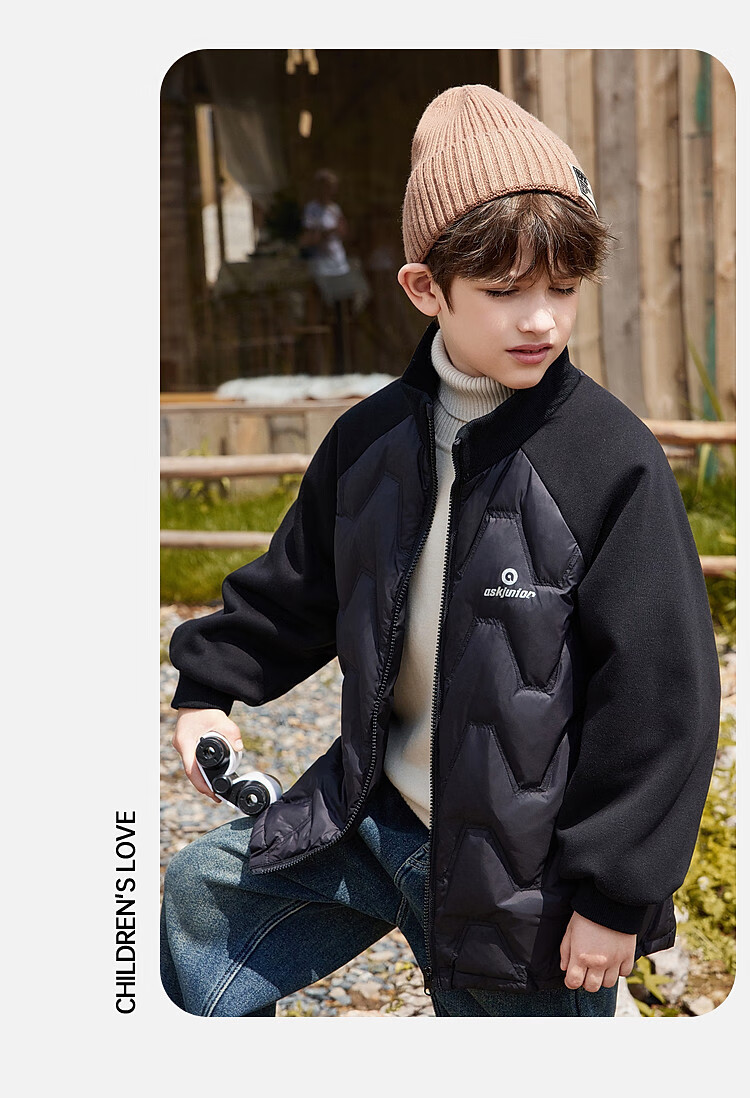 ASK JUNIOR Boys' Down Jacket Autumn Winter Warm 90% Down Raglan Sleeve Zip-up Coat Black 160cm 15