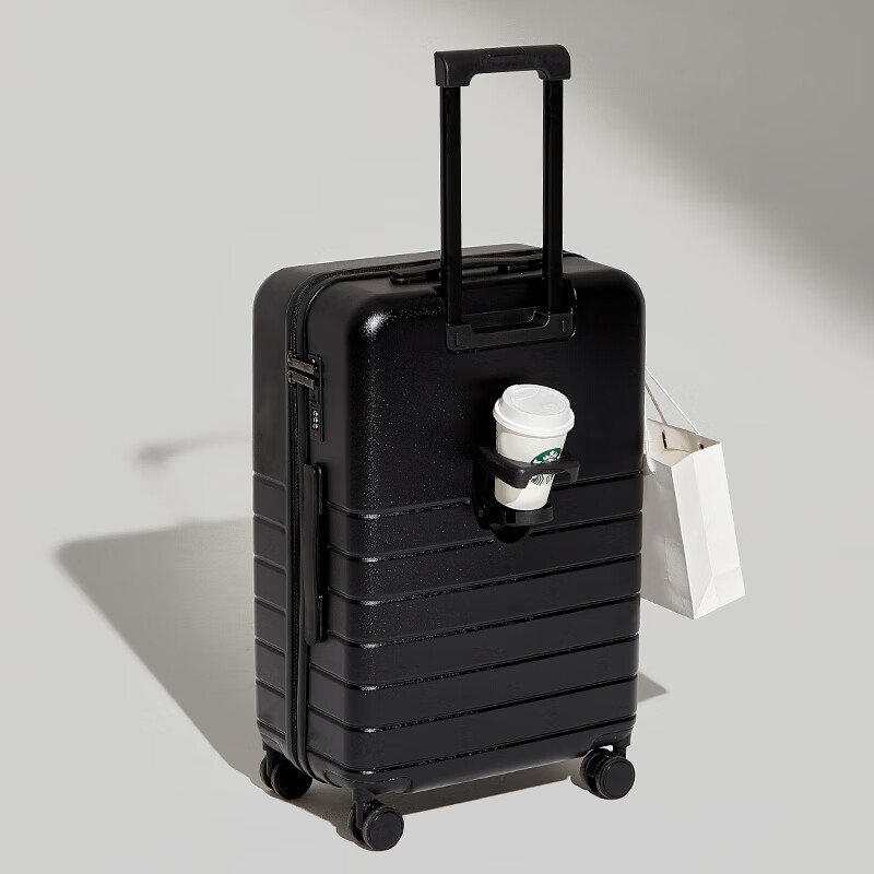 SOO Luggage Suitcase with Cup Holder for Men And Women, Trolley Case, Travel Case, Password Lock, Large Capacity Leather Suitcase, Black, 26 Inches