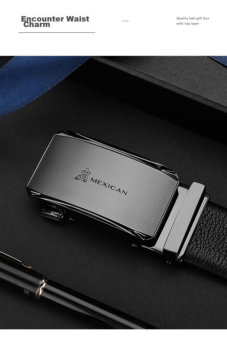 MEXICAN Men's Leather Belt with Automatic Buckle, Genuine Top-Grain Cowhide Business Waistband Casual Trouser Belt Birthday Gift for Men And Fathers 3