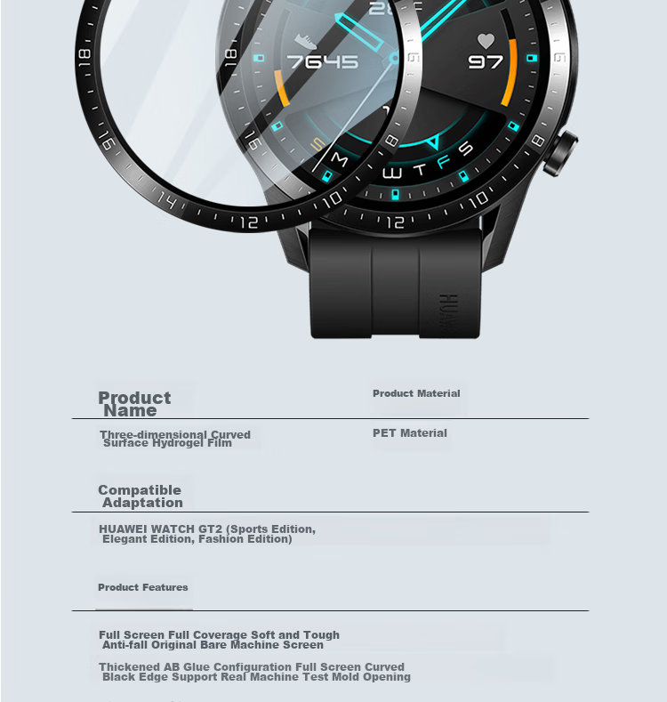 ESCASE [2-Pack - Replacement Guaranteed] Huawei Watch GT2 Watch Tempered Glass Screen Protector, Full Coverage Anti-Fingerprint HD Protective Film, 6D Heat-Bent Integrated 46mm Watch Face Compatible 15