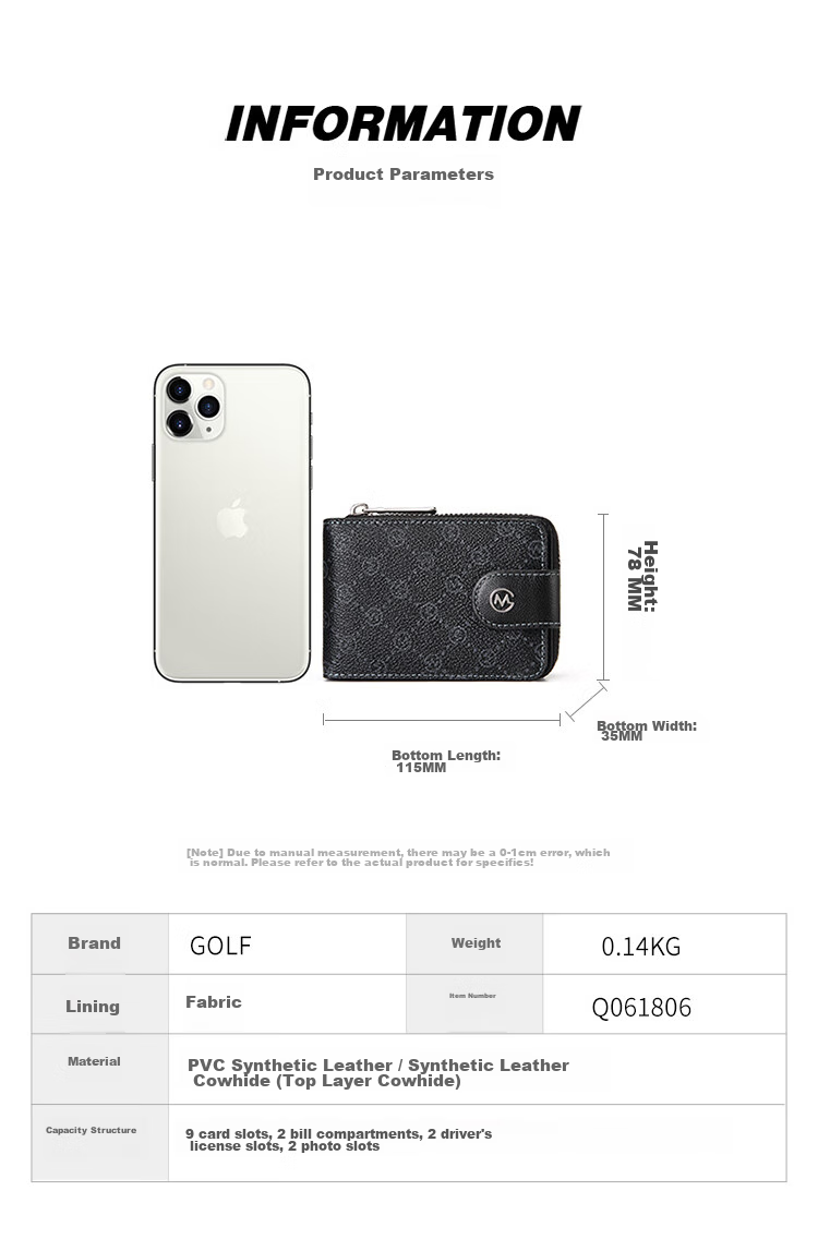 GOLF Card Holder, Men's Printed Multi-Card Slots, Bank Card Sleeve, Zipper Business Card Holder, Women's Card Case, Driver's License Holder, Wallet 10