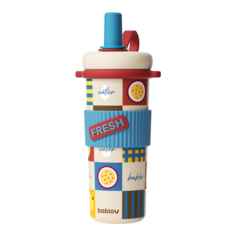 BABLOV Kids Insulated Water Bottle Student Crossbody Dustproof Spray Straw Stainless Steel Large Capacity Tea Compartment Temperature Lock Cup