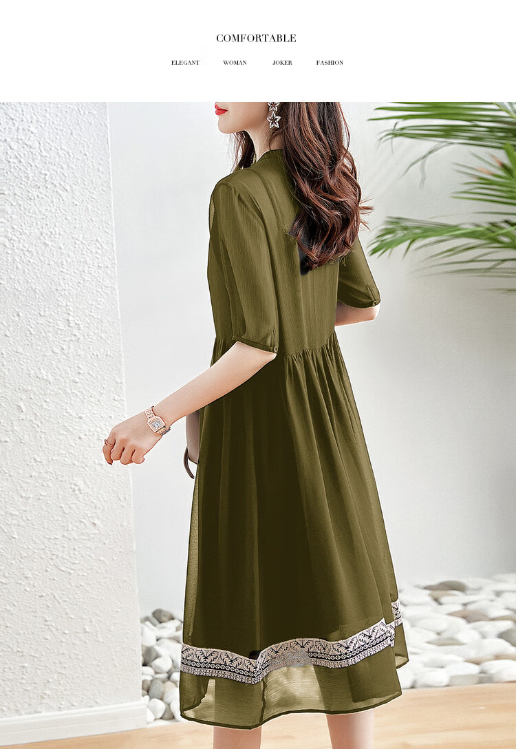 Dme [Cross Embroidery] Summer Commute Simple Chiffon Pleated Loose A-Line Dress for Wome 13