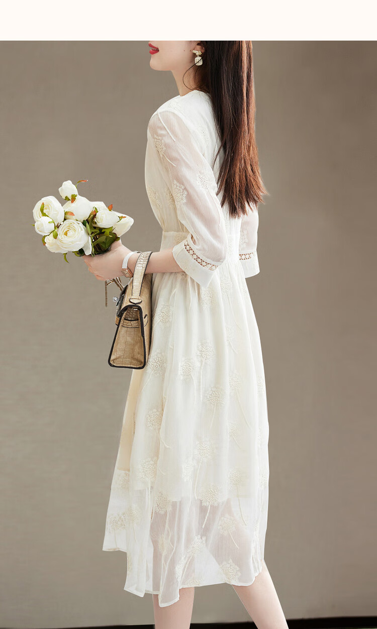 Dme [Xian Gan Embroidered Dress] Spring And Autumn V-Neck Hollow-Out Woven Strap Three-Quarter Sleeve Midi Dress for Women, Off-White, M 13