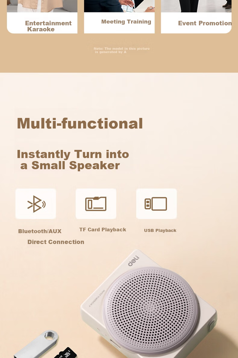 Deli 13W Wireless Magnetic Clip-On Amplifier, Teacher-Specific Bluetooth Speaker, Anti-Howling Loudspeaker, Microphone, Tour Guide Portable Fashionable Mini Baguette, Champagne Color 9