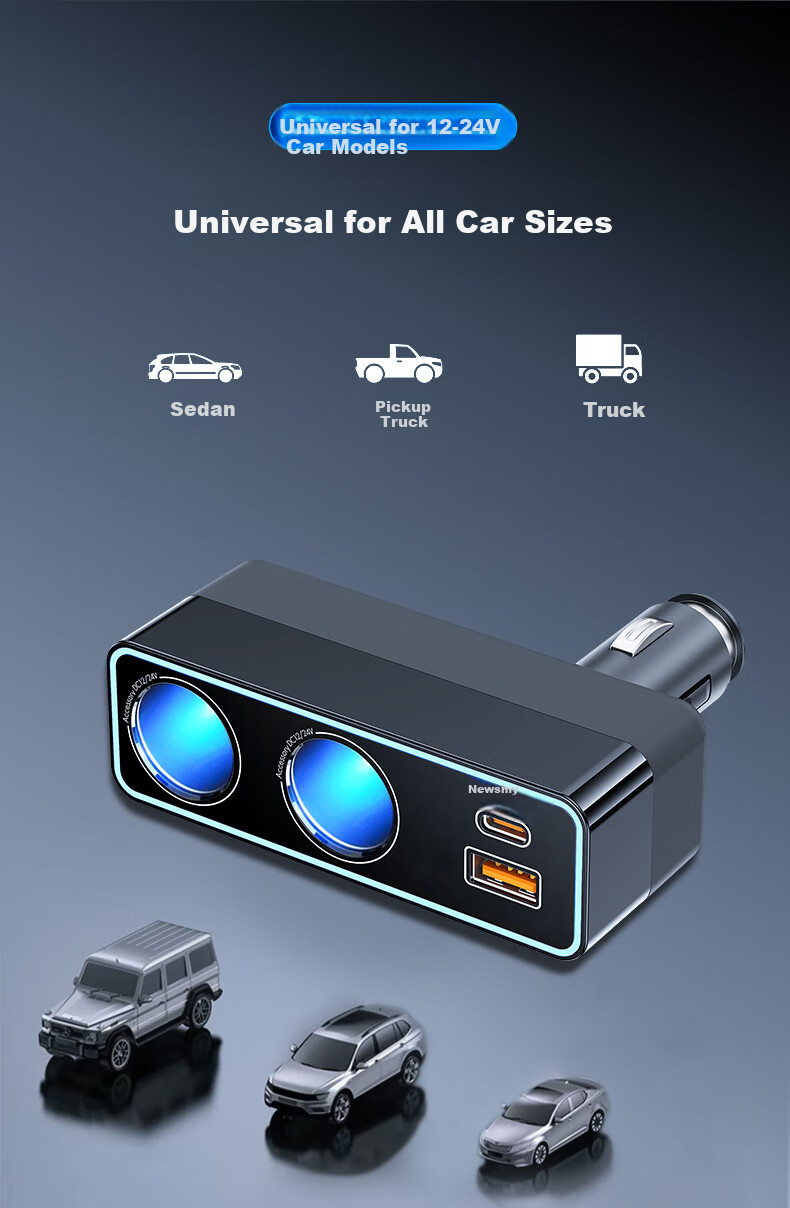 Newsmy Car Charger Super Fast Cigarette Lighter Three-In Adapter Dual Round Ports [100W+PD45W 16