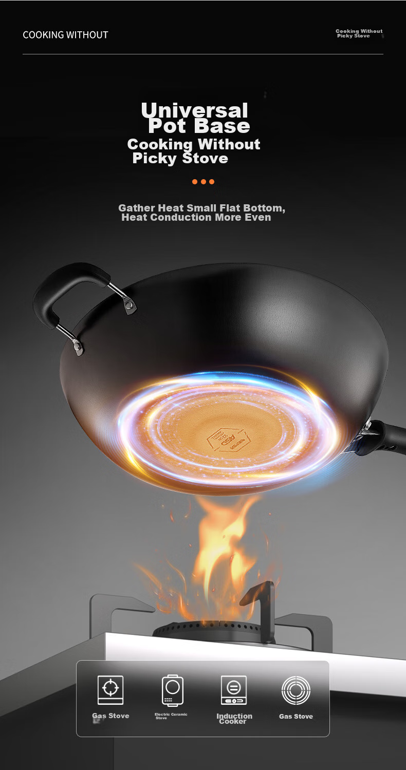 ASD Wok Cast Iron Pan Stainless Steel Non-Coated Whirlwind Bottom Stir-Fry Pan 32cm Compatible with Gas And Induction Stoves CF32Z1WG 15