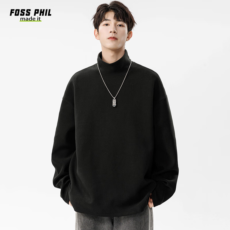 Foss Phil Men's And Women's Fleece Sweatshirt, Loose High-Neck Casual Simple Solid Color Base Layer, APW965 Black M