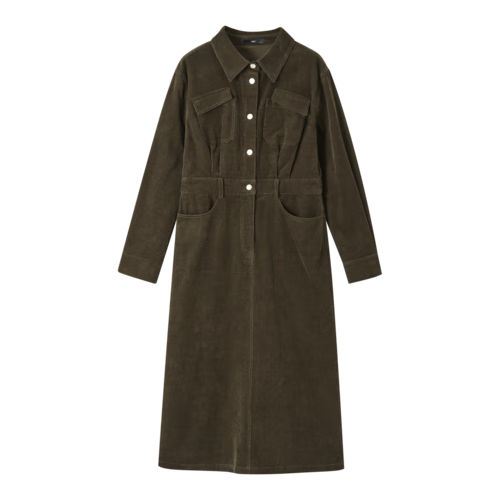 DME Autumn Commuter Vintage Hong Kong Style Corduroy Pleated Waist Shirt Dress for Women Brown S