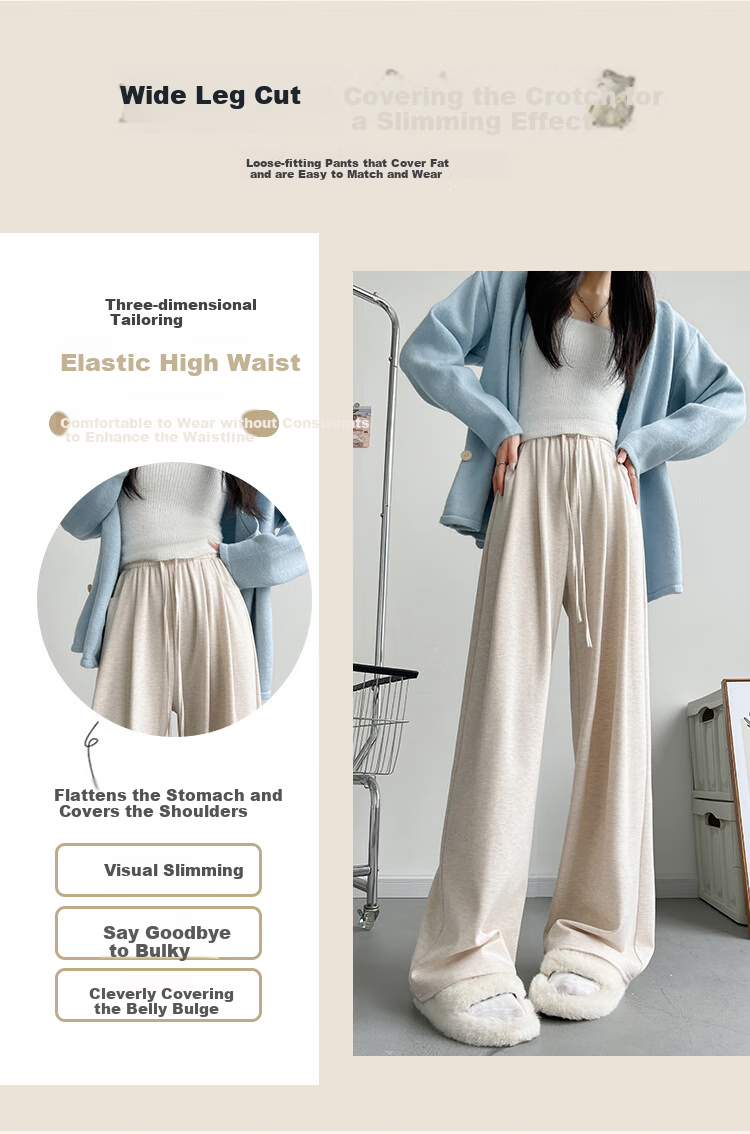 FitonTon Wide-Leg Glutinous Rice Pants for Women, Loose Straight-Leg Draping Trousers for Autumn And Winter, Fleece-Lined Thick Soft Long Pants, Versatile Casual Pants 3