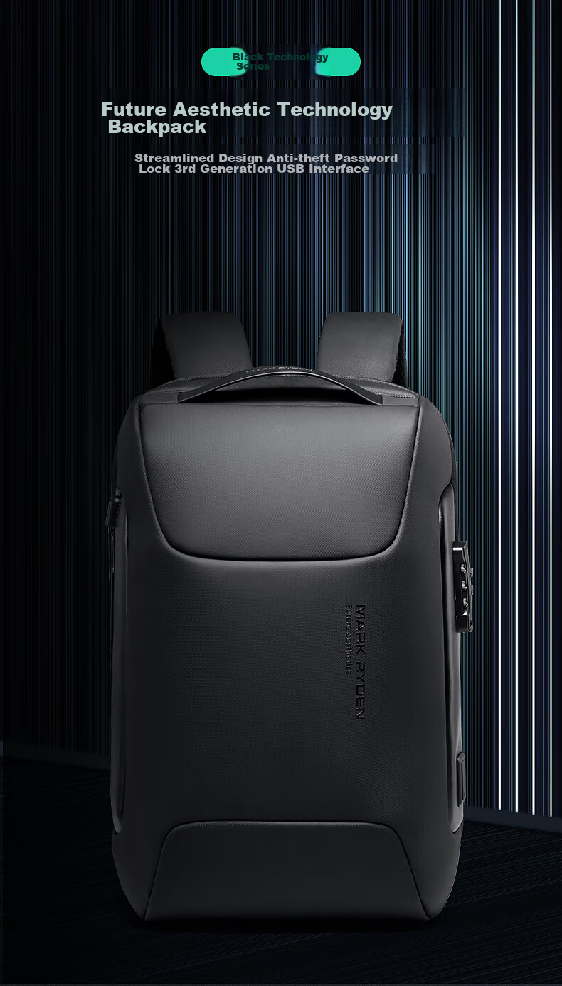MARK RYDEN Backpack for Men, Password Lock Anti-Theft Large Capacity Casual Travel Sports Car Laptop Bag MR9116 Cool Black 1