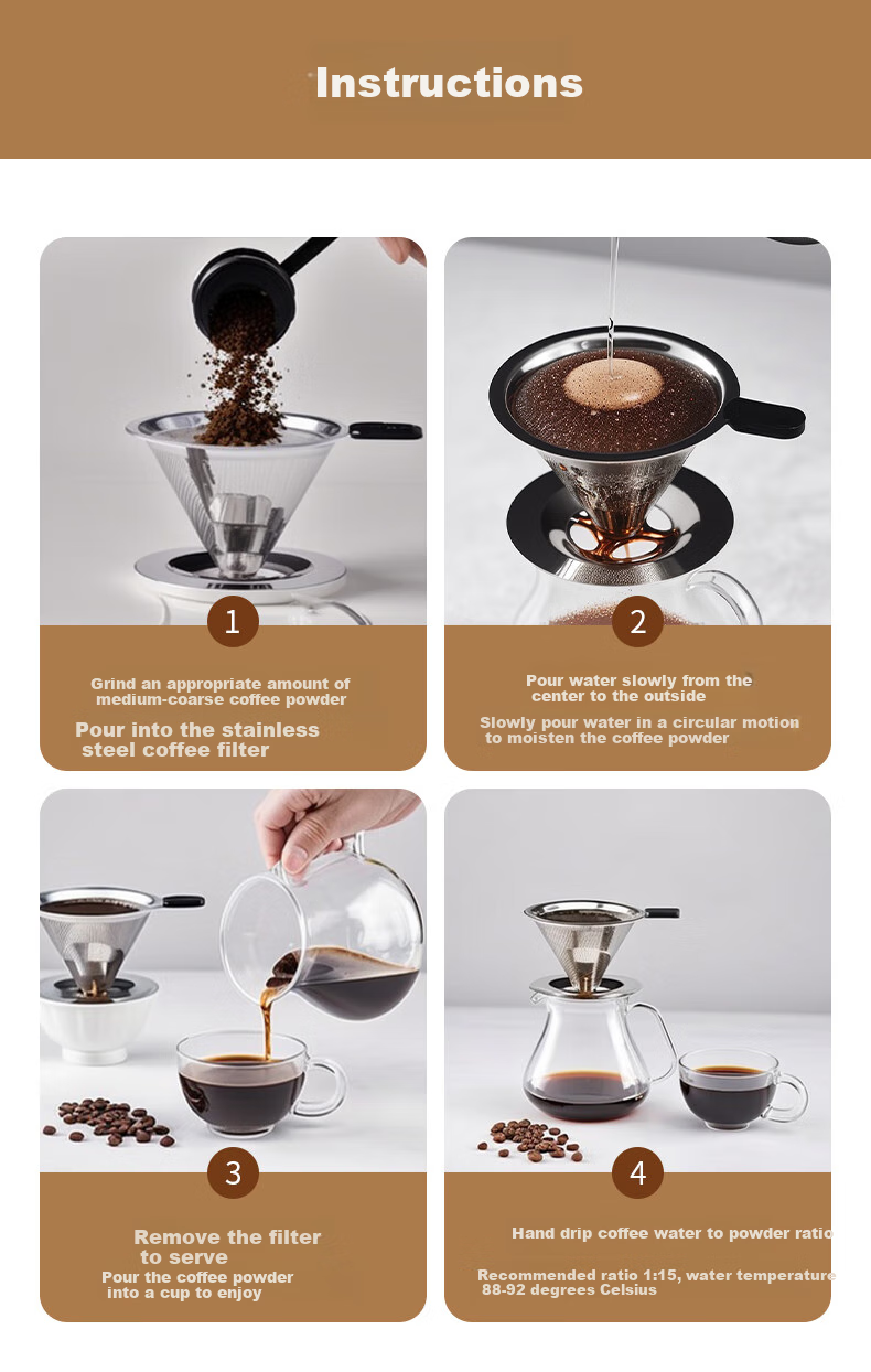 CLITON Coffee Filter Dripper Pour-Over Kettle, 304 Stainless Steel Filter, Drip Coffee Maker, Filter Mesh for Two Servings 8