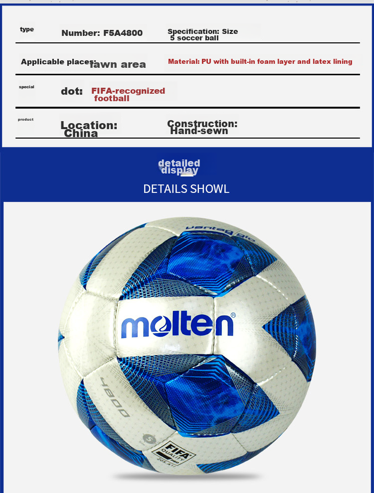 Molten Soccer Ball, Size 5, Hand-Stitched, for Competition And Training, PU Material, F5R4700 3