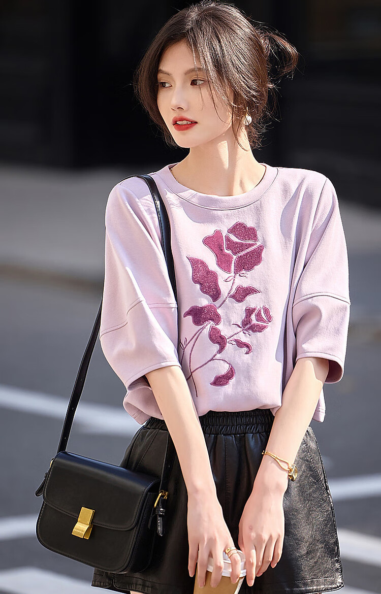 Dme Floral Embroidered Spring And Autumn Round Neck Air Layer Three-Quarter Sleeve Elastic Loose Sweatshirt Women's Top, Cyan Green, L 20