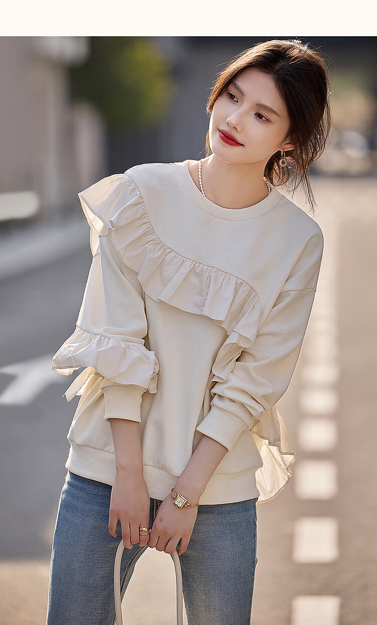 Dme [French Romantic Lace Trim] Spring And Autumn Round Neck Cotton Long Sleeve Slightly Stretchy Loose Elegant Sweatshirt Women's Top 10