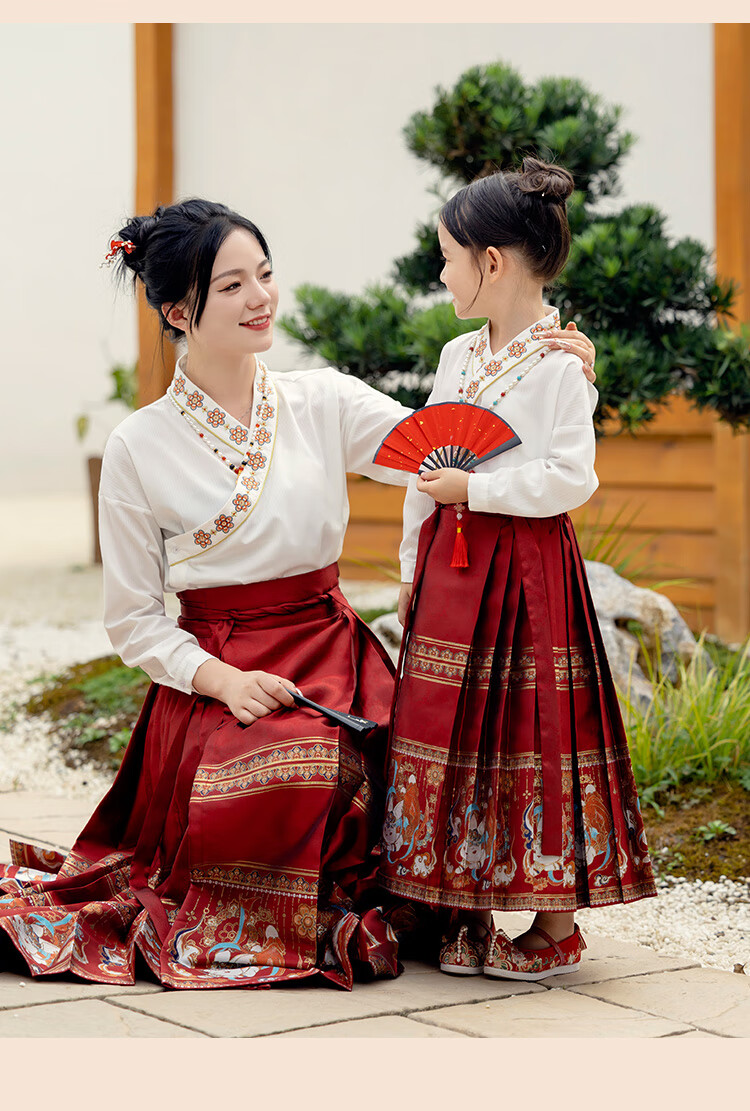 Menghu Nihang Mid-Autumn Festival Hanfu Girls' Spring And Autumn Chinese Style Children's Ming Dynasty Horse-Face Skirt Parent-Child Set, Red Skirt, Size 120 34