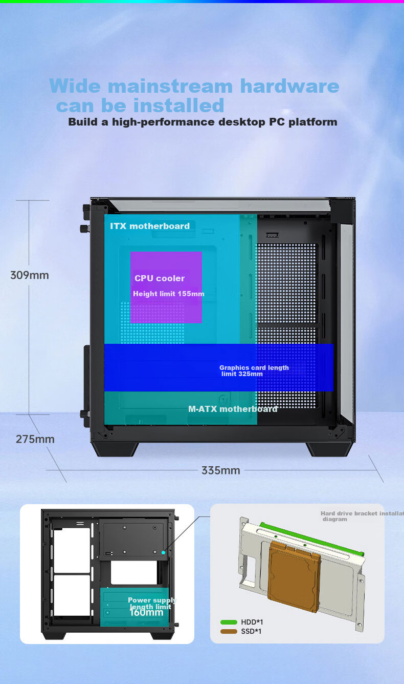 AOC Starry Sea CG389 Black Gaming Computer Case, Three-Sided Glass/No Pillars/Supports MATX/5 Fan Positions/3D Panoramic View/Lower And Upper Compartments 6