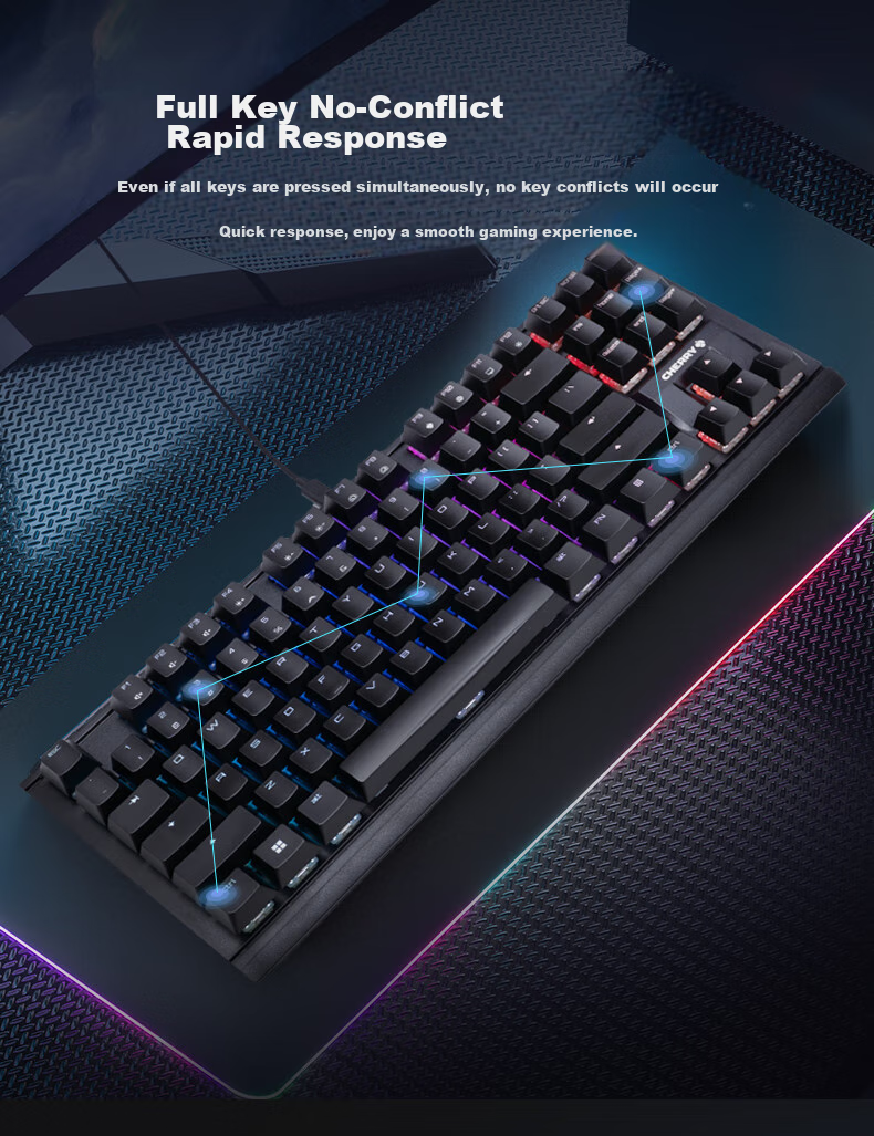 CHERRY MX1.1 Black Obsidian Aurora Mechanical Keyboard, 87 Keys, Gaming Keyboard, Wired Keyboard, Floating Design without Steel Structure, RGB Lighting Effects, Black Red Switches 11