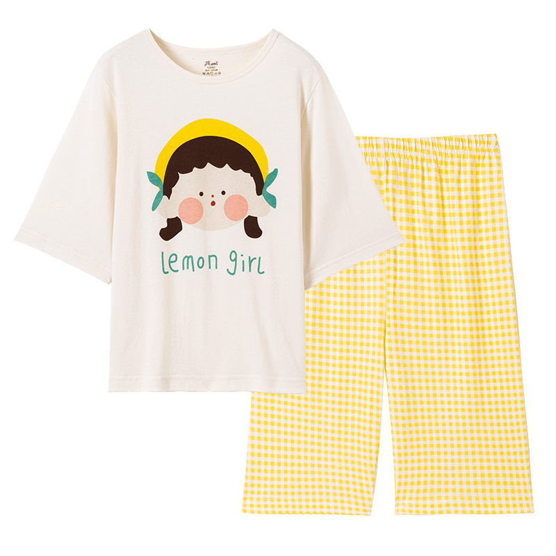 Dingguagua Children's Home Wear Set, Girls' Three-Quarter Sleeve Pajamas, Breathable Sleepwear for Older Children, Thin Summer Pure Cotton, Yellow, Size 150
