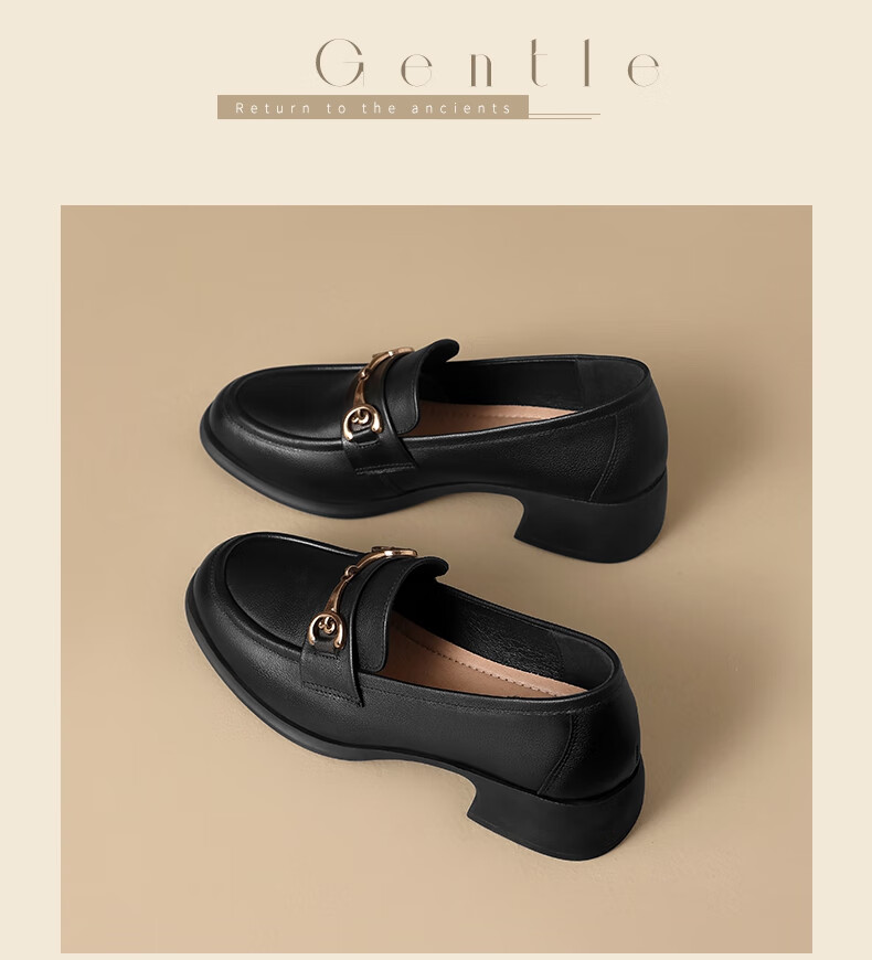 ZHR Top-Grain Leather Loafers for Women, Chunky Heel Commuter Leather Shoes, Slip-On Soft-Soled Flats for Women KM03 Black Size 40 10