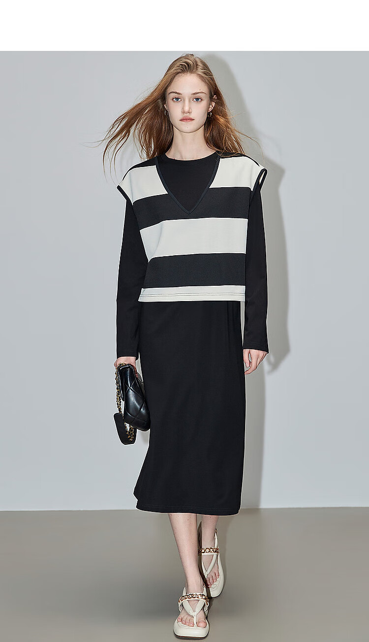Dme [Laziness Casual Outfit] Spring And Autumn New Fashion Draping Roman Fabric Dress, Box-Shaped Striped Vest Two-Piece Set 12