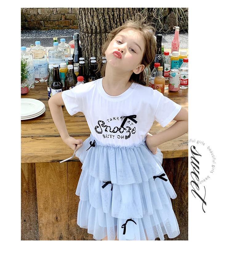 Follow Me Girls' Sweet Bow-Tie Patchwork T-Shirt Dress Children's Mesh Cake Skirt Summer White/blue 110 3