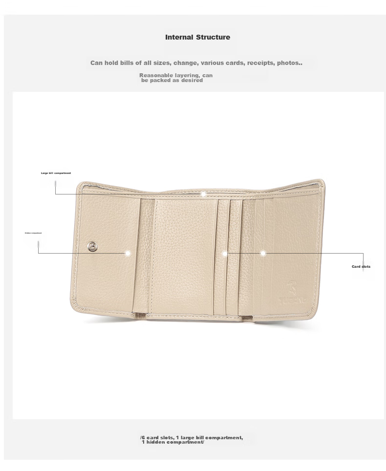 TUCANO Ladies' Wallet, Short Style, Two-Fold, Sweet And Elegant, Two-Layer Cowhide, Slim Purse, Practical, Birthday Gift for Wife on May 20 8
