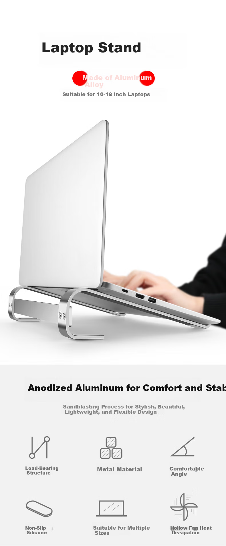 Jiasu Laptop Stand, Computer Stand, Cooling Stand, Aluminum Alloy Desk Stand, Laptop Riser, Suitable for Tablets, Laptops, Gaming Laptops And Other Devices, Silver Color 3