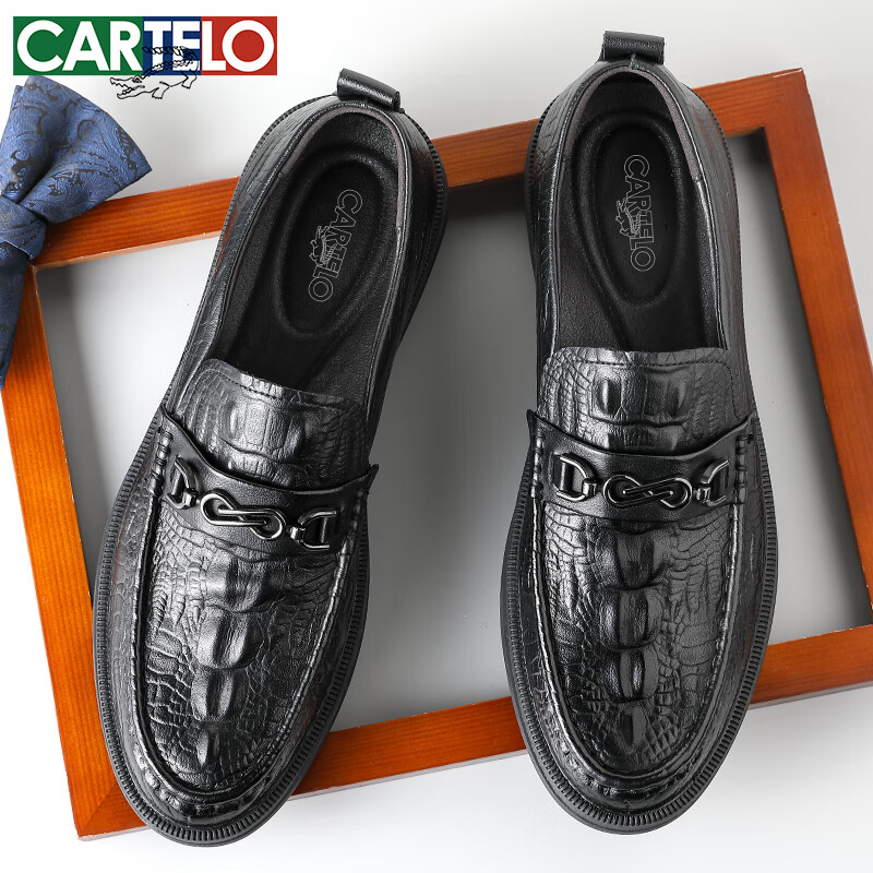 CARTELO Crocodile Pattern Men's Leather Shoes, Breathable Slip-On Loafers, Formal Dress Shoes for Men 9597, Black, Size 42