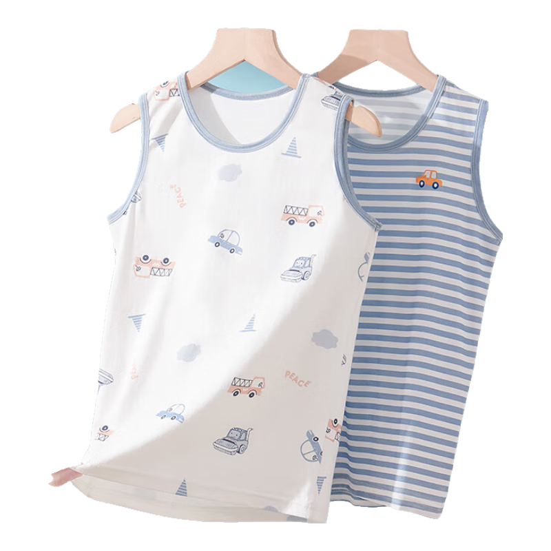 LangSha Children's Tank Top, Boys' Summer Thin Cotton Vest, Baby T-Shirt Undershirt, 2-Piece Set, White + Blue, Size 130