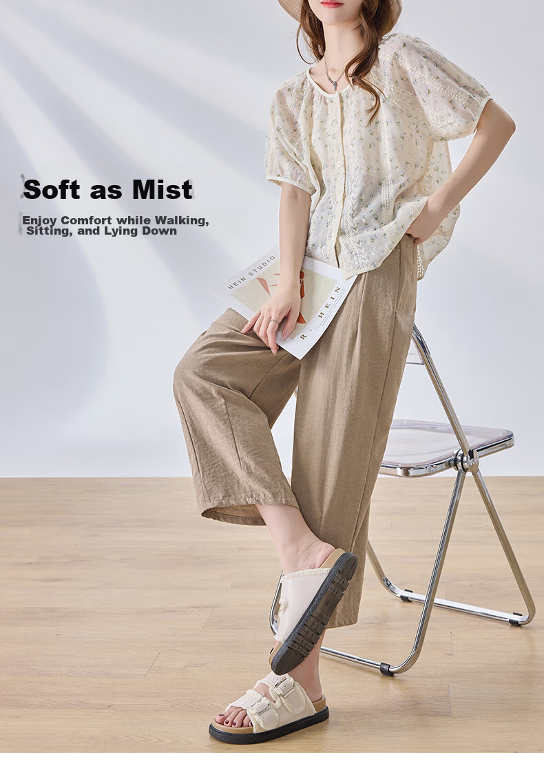 LangSha Lazy Summer Refreshing Cool Milk Puff Pants for Women, High-Waisted Thin Casual Versatile Wide-Leg Cropped Pants for Petite Figures 8