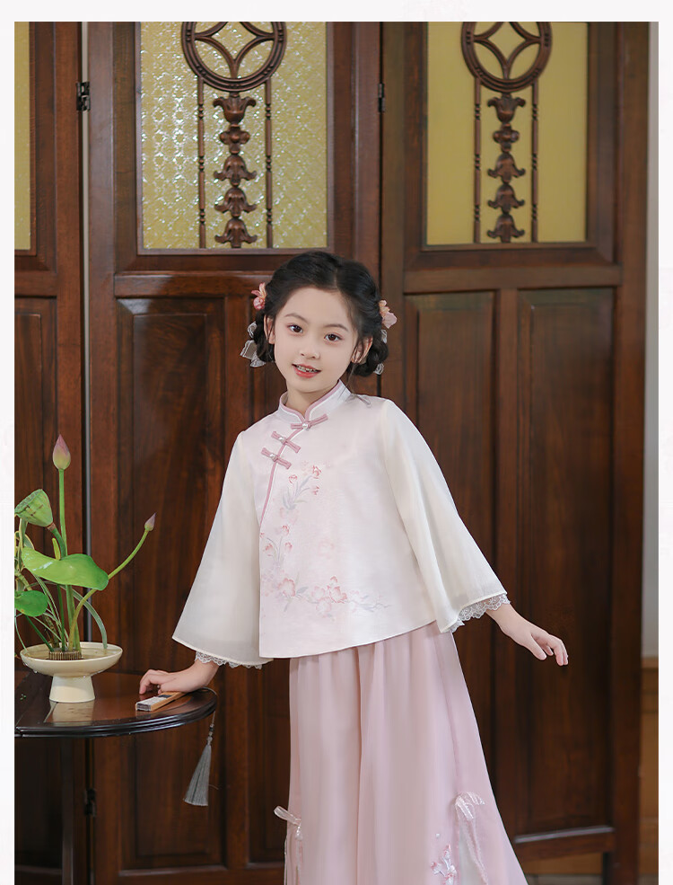 Qibo Hanfu Girls' Spring And Autumn 2026 Mid-Autumn Festival New Style Chinese-Style Tang Suit Children's Outfit Set, Floral Rain Pink, Size 140 18