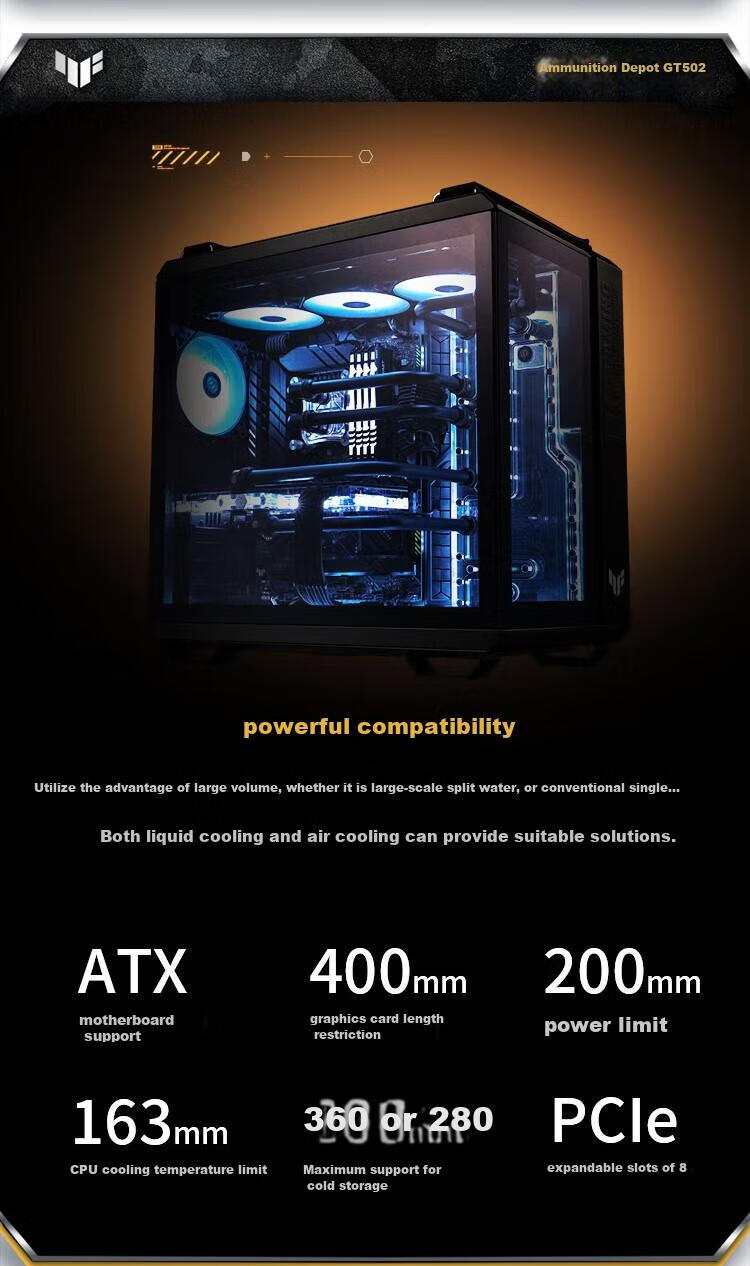 ASUS TUF GAMING GT502 Ammunition Storage Case, Dual-Chamber Design, Tool-Free Disassembly, Black Seaside View, Innovative Cooling, GPU Bracket 5
