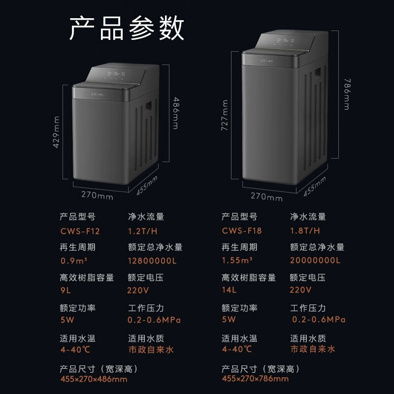 COLMO 中央软水机 家用软水器全屋 软化水质全自动除垢 1.8m³/小时大通量 前置过滤净水机CWS-F18