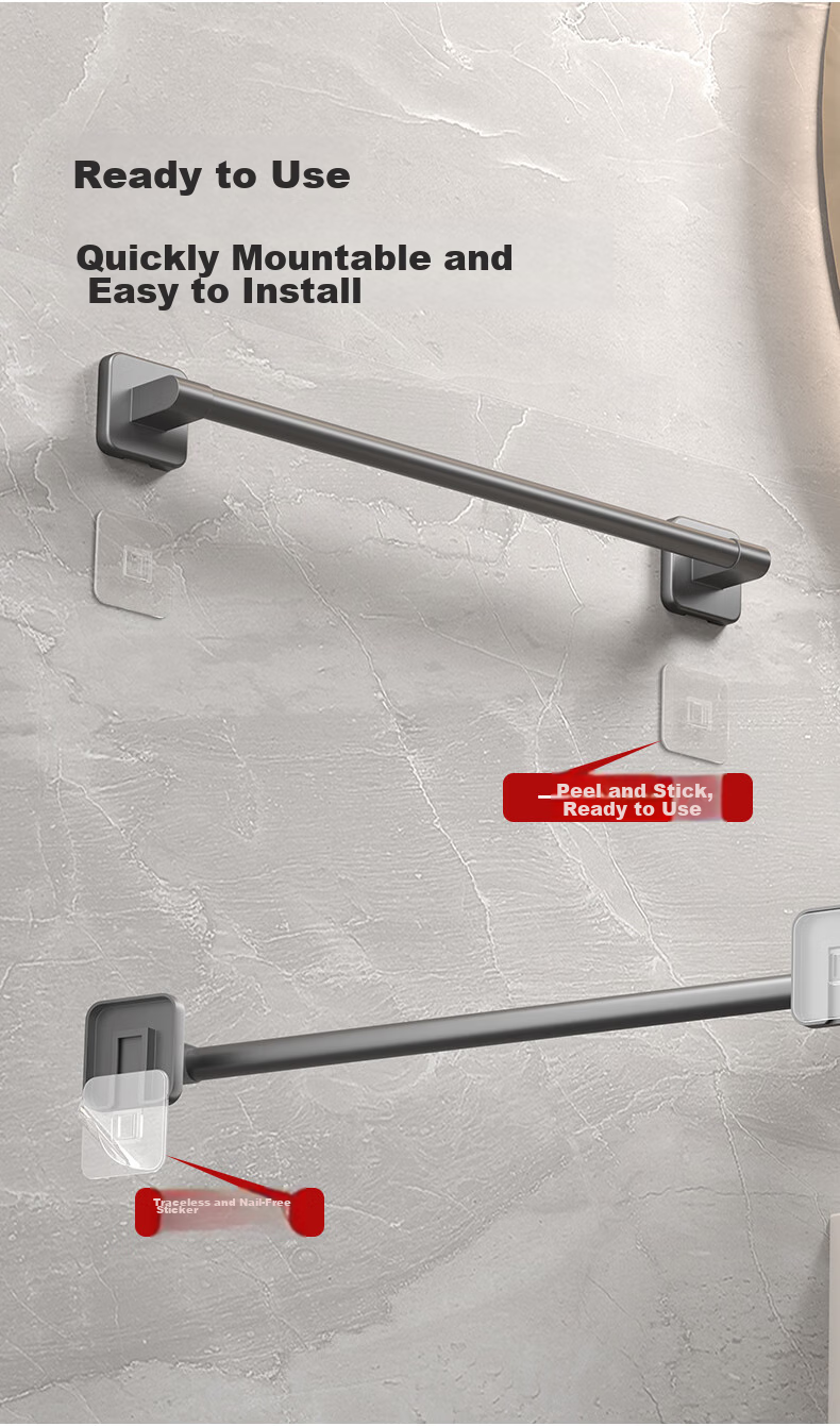 Huxiansen Bathroom Towel Rack, Single Bar, No Drilling Required, Bathroom Accessories, Towel Holder, Storage Rack, Toilet And Bathroom Hardware, Wall-Mounted 6
