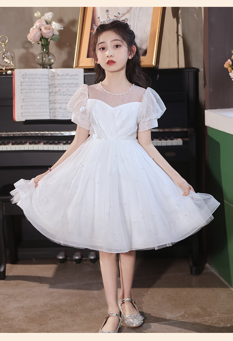 LUOBOBEIBEI Girls' Formal Dress, Children's Birthday Princess Dress, Flower Girl Wedding Dress, Host Piano New Year Costume, White Dress, Size 150 17