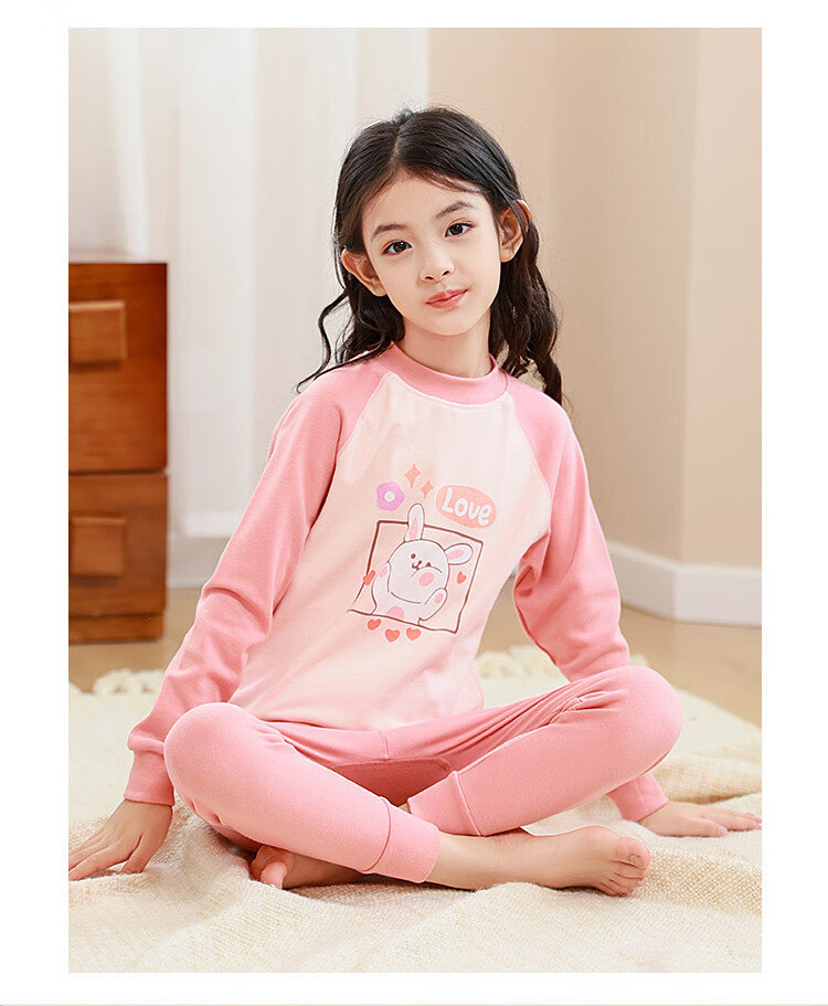 DEESHA 5A Antibacterial 100% Cotton Girls' Thermal Underwear, Student Mid to Big Kids Autumn Top And Pants, Light Pink Heart Rabbit, Size 120 10