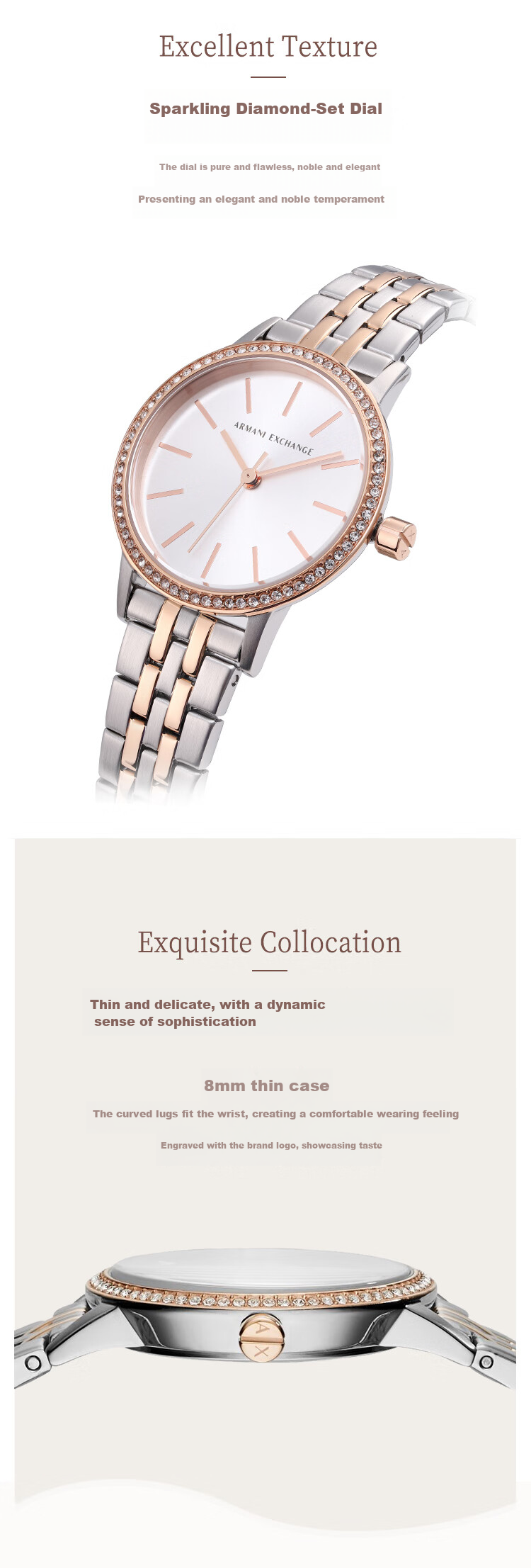 ARMANI EXCHANGE Women's Steel Strap Watch with Diamond Accents, Quartz Movement, Western-Style Wristwatch, Birthday Gift for Girls, AX5542 7