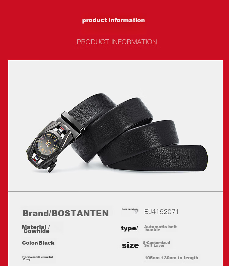 BOSTANTEN Men's Genuine Leather Belt with Automatic Buckle, Top-Grain Cowhide Trouser Belt, Business Casual Leather Belt Gift Box 7