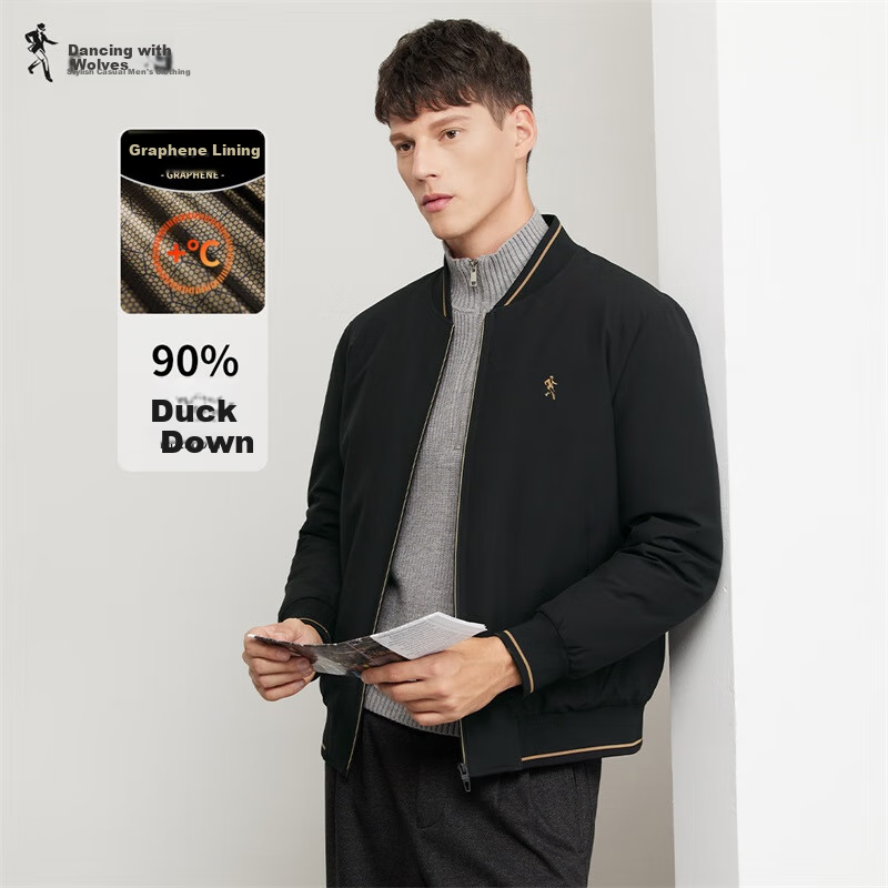 DANCING WOLVES [90% Duck Down + Graphene Lining] Windproof Baseball Jacket Casual Men's Outerwear, 001 Black, Size 165