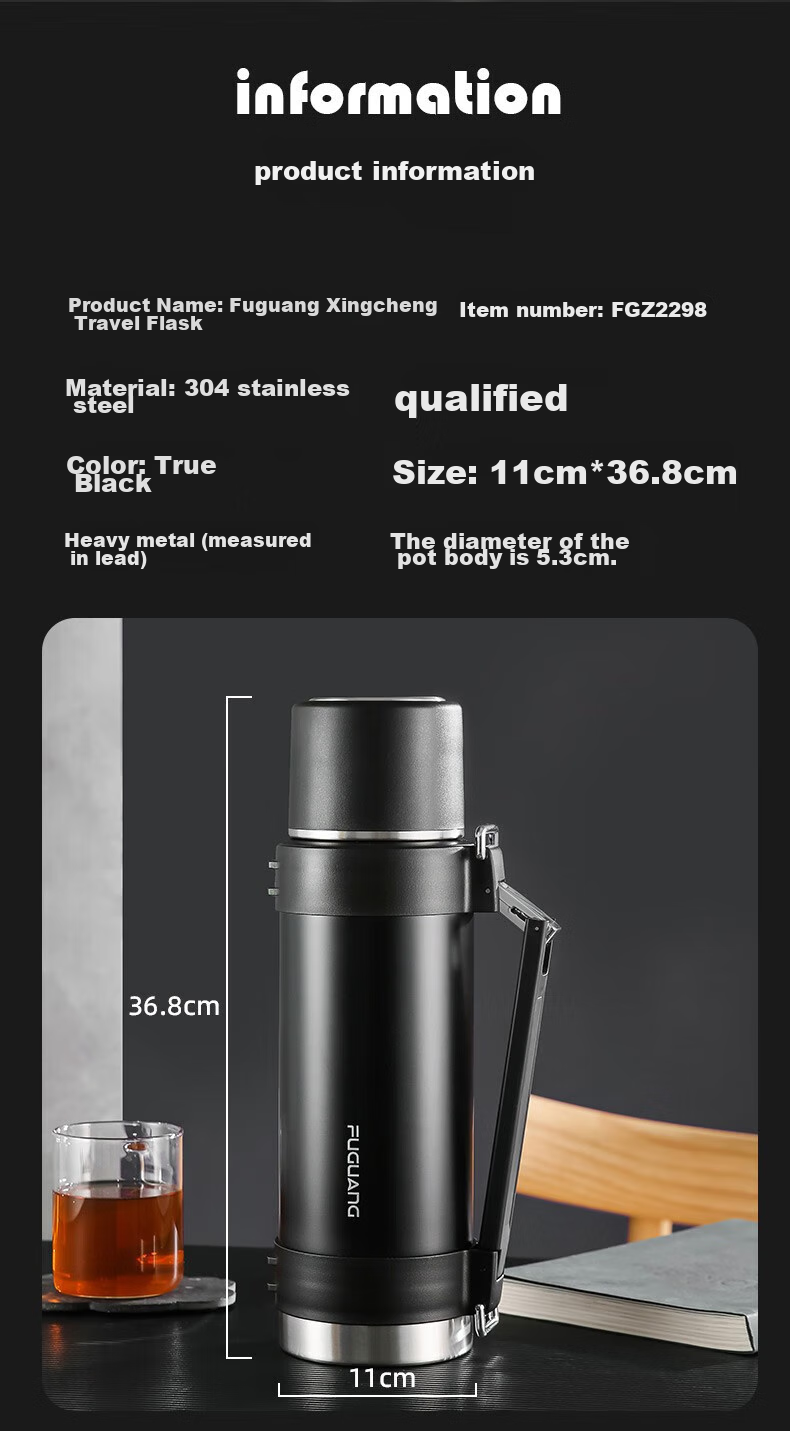 Fuguang Insulated Bottle, Stainless Steel Large Capacity Thermos, Car-Mounted Vacuum Outdoor Travel Kettle, Hot Water Bottle, Thermos Cup, 2000ML 10