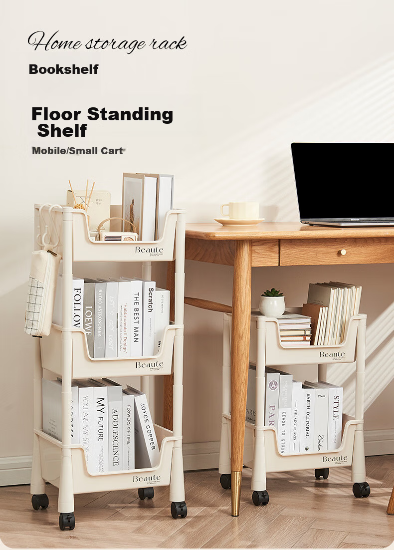 Yijia Bookshelf, Mobile Bookshelf, Storage Rack, Floor-Standing Multifunctional Storage Shelf, Two-Tier Storage Rack with Wheels 1