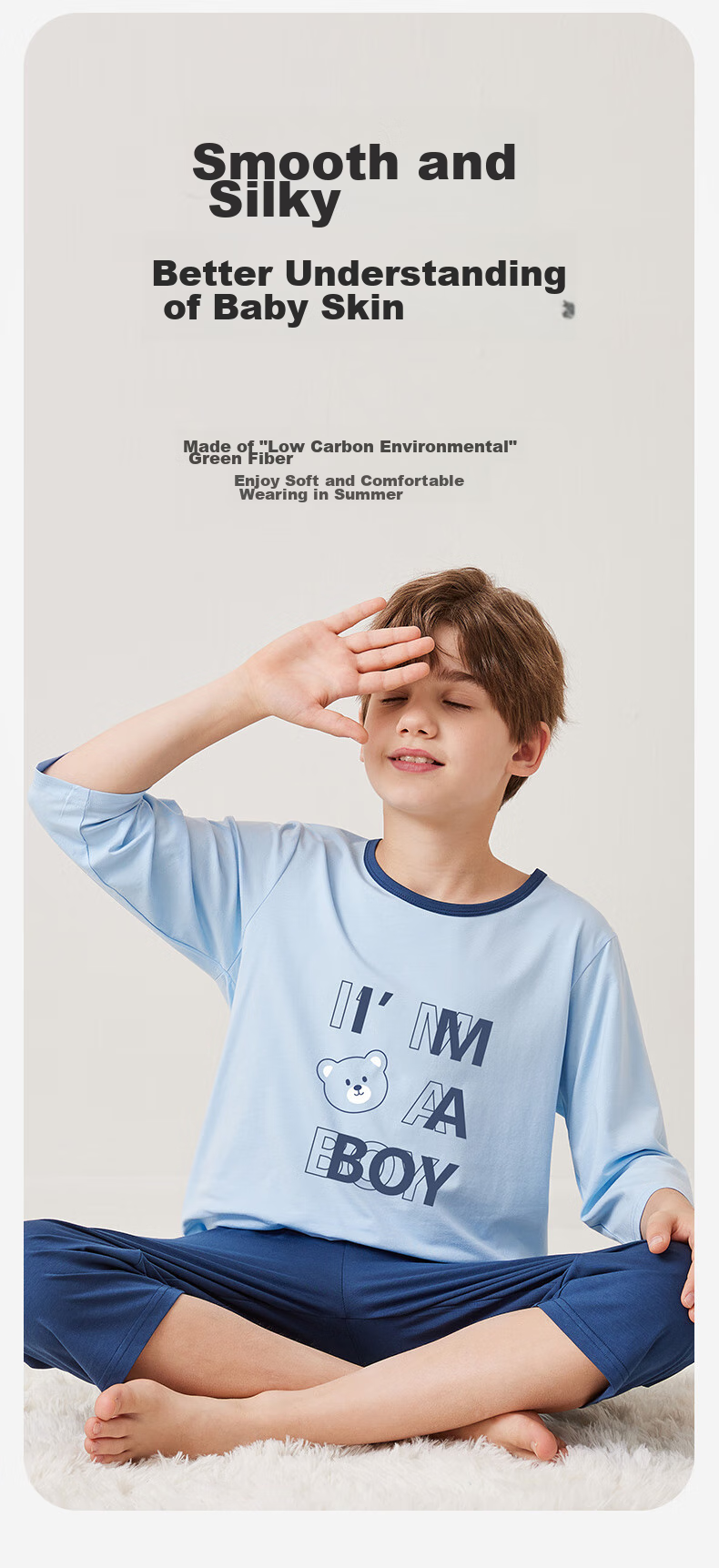 MiiOW Children's Thin Pajamas, Boys' Short-Sleeve Set, Summer Modal Sleepwear for Older Kids, Sky Blue, Size 160 2