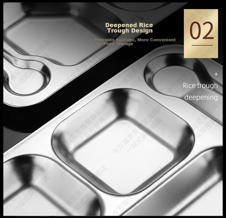 Jinwanfu Stainless Steel Divided Plate, School Canteen Dining Tray, 304 Stainless Steel Compartment Plate, 1.0mm Thick, 450g, Large Six Compartments 21