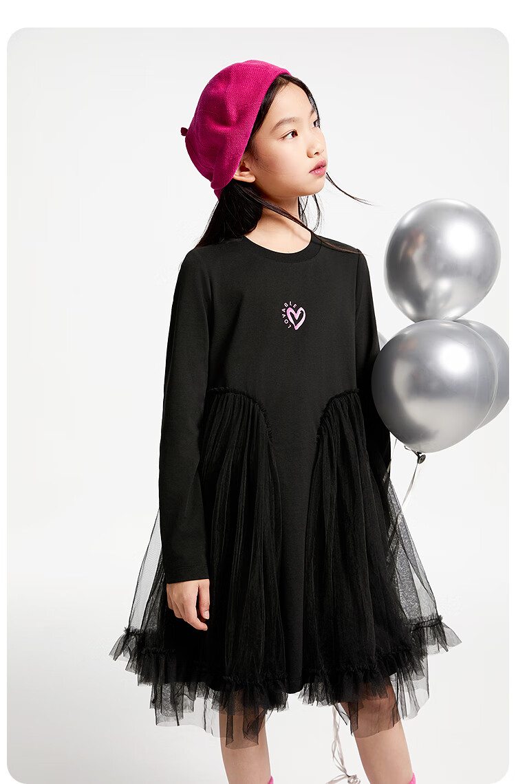 Annil Girls' Long-Sleeve Dress, Spring 2025 New Style, Black, Size 150 7