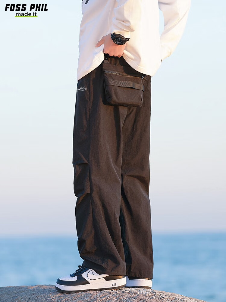 Foss Phil American-Style High Street Cargo Pants for Men, Spring And Autumn Ice-Cool Sports Straight-Leg Tapered Casual Pants, FPK57 Black M 4